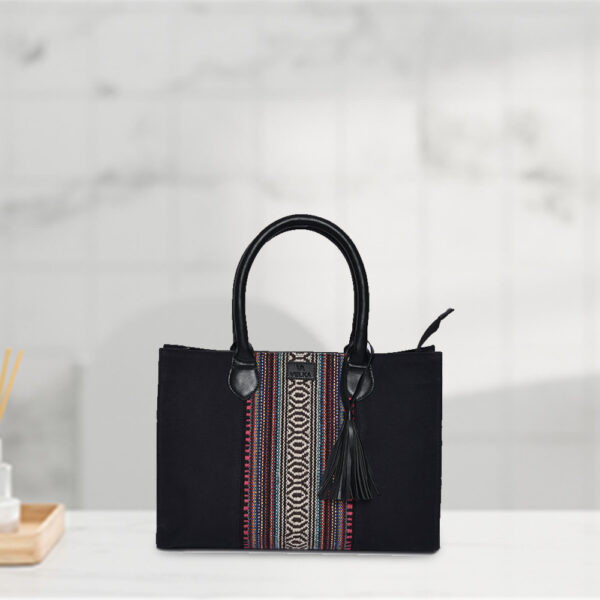 Black Cotton Handbag with Textured Accent