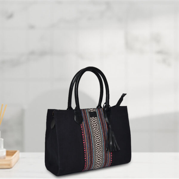 Black Cotton Handbag with Textured Accent - Image 2