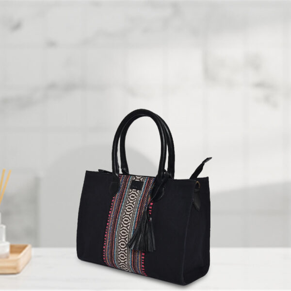 Black Cotton Handbag with Textured Accent - Image 3