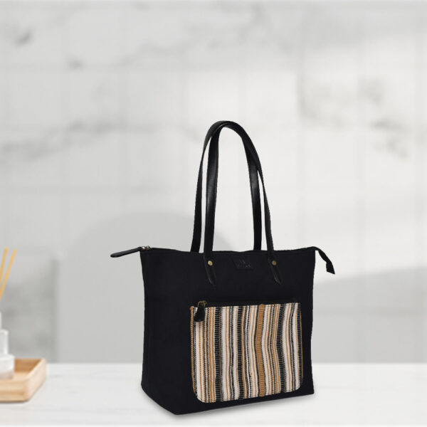 Stylish Black Cotton Tote with Striped Front Pocket - Image 2