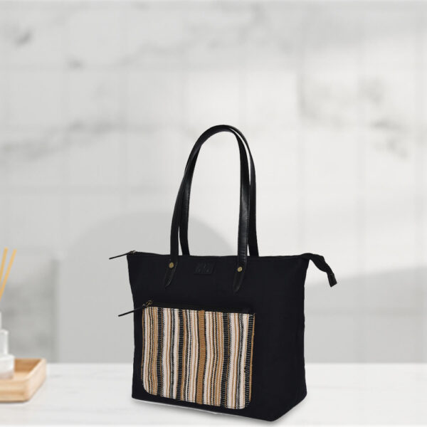 Stylish Black Cotton Tote with Striped Front Pocket - Image 3