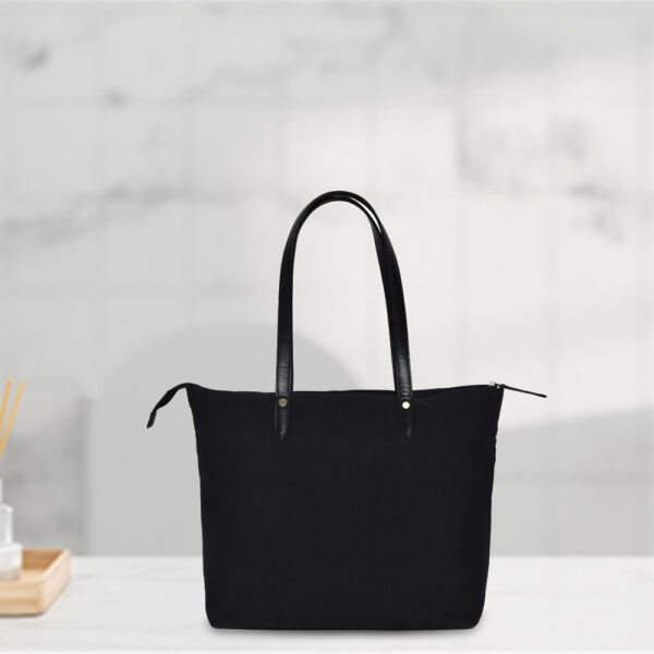 Stylish Black Cotton Tote with Striped Front Pocket - Image 4