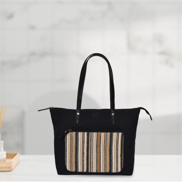 Stylish Black Cotton Tote with Striped Front Pocket